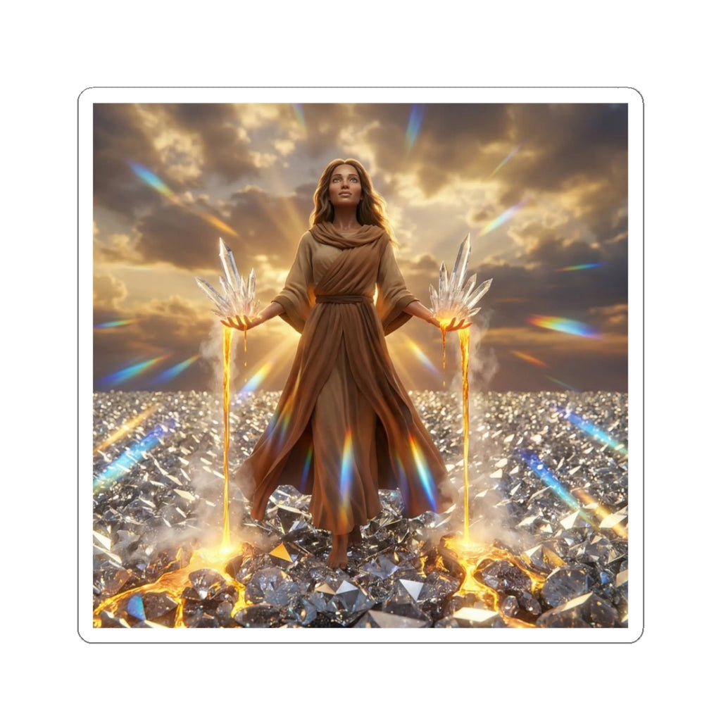 Golden Guardian Fantasy Sticker — Radiant Goddess on Crystal Field
