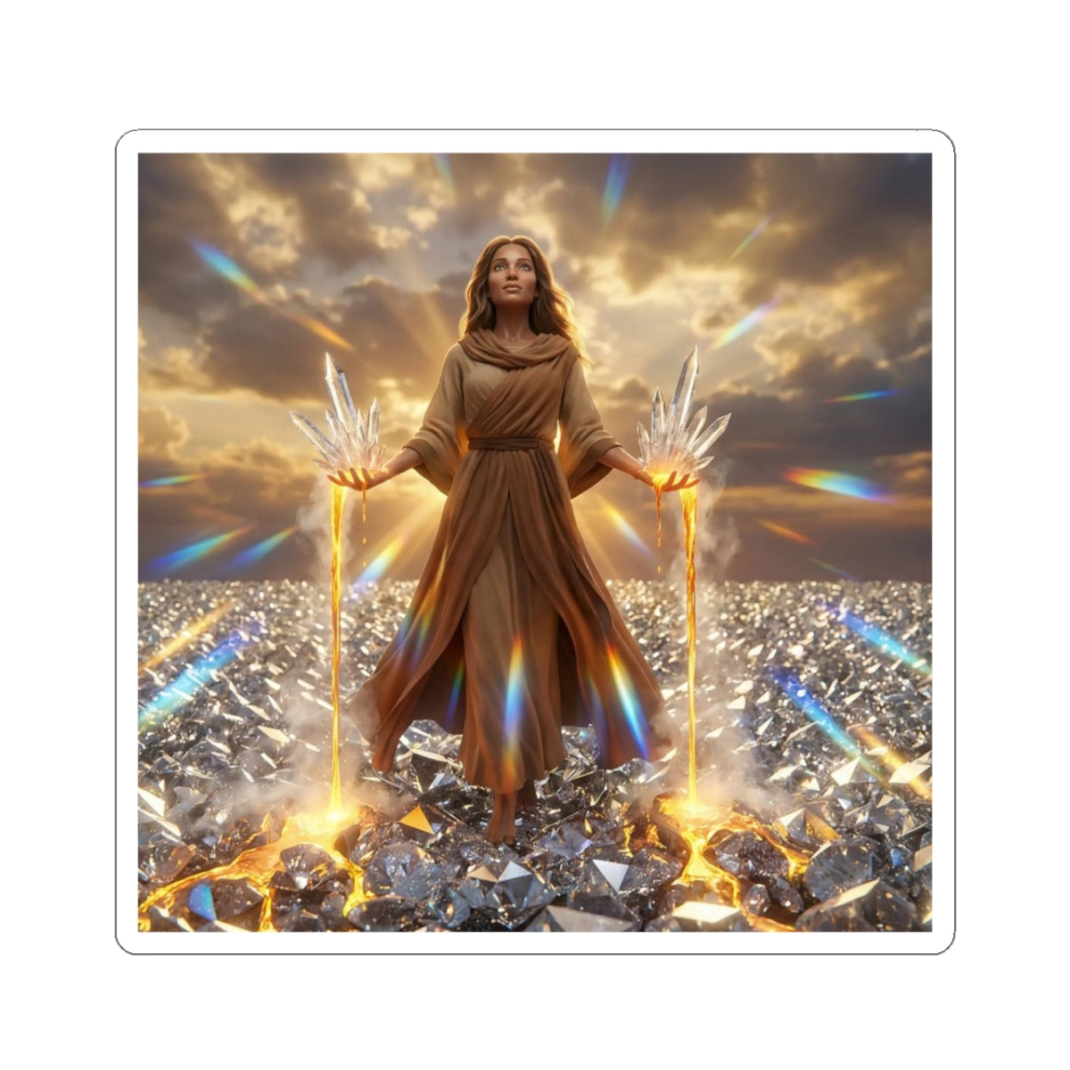 Golden Guardian Fantasy Sticker — Radiant Goddess on Crystal Field