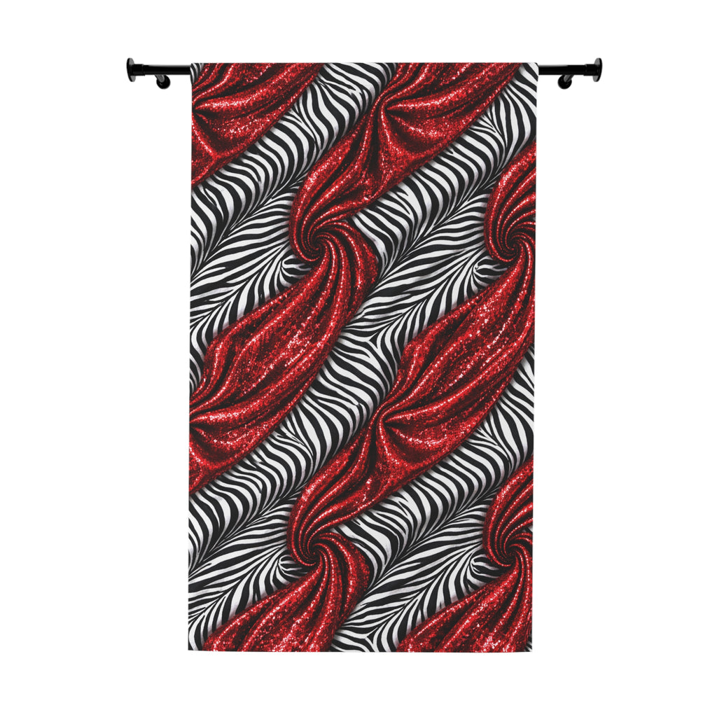 Red Glitter Swirl Zebra Pattern Window Curtain — Bold Glam Drapery Panel