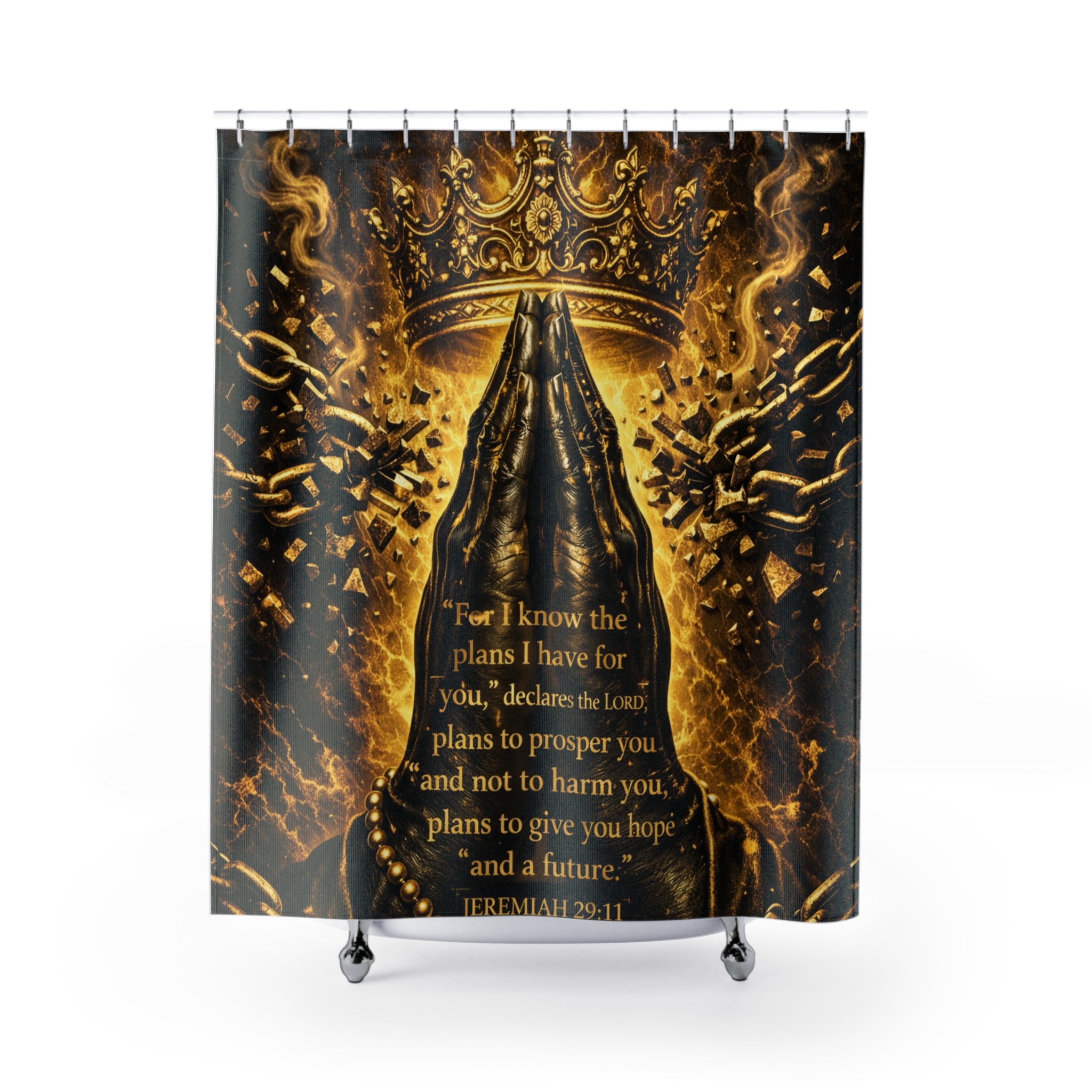 Prayer Hands Shower Curtain — Gold Crown Religious Bathroom Decor (Jeremiah 29:11)