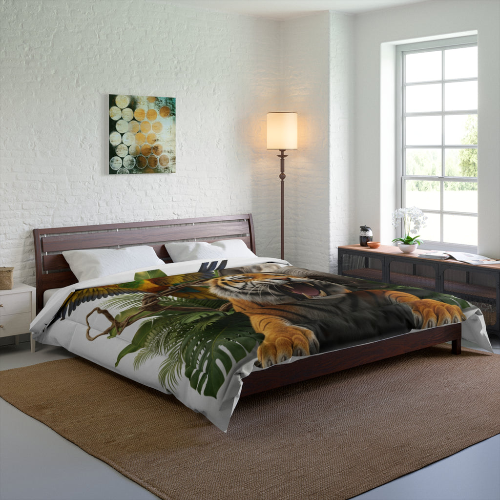 Jungle Wildlife Comforter – Tiger, Elephant & Parrot Tropical Bedding