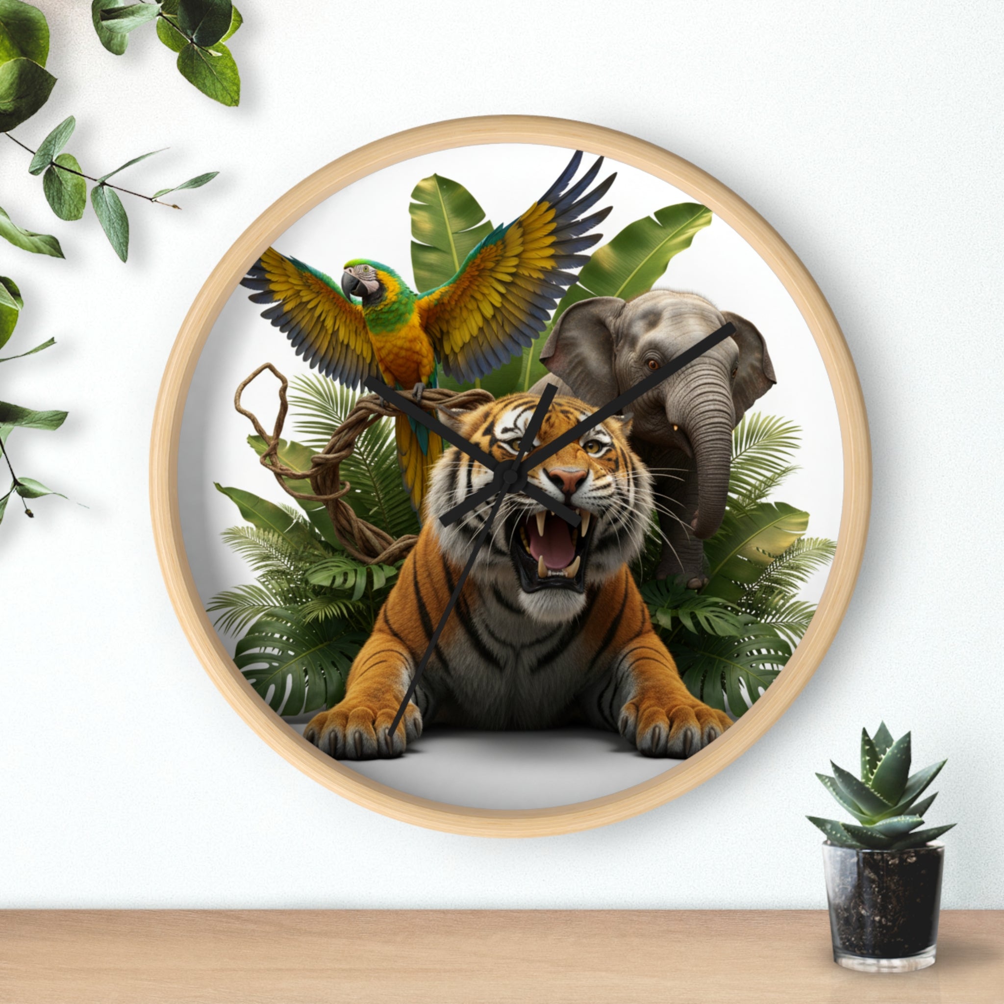 Jungle Animals Wall Clock — Tiger, Elephant & Parrot Safari Nursery Decor
