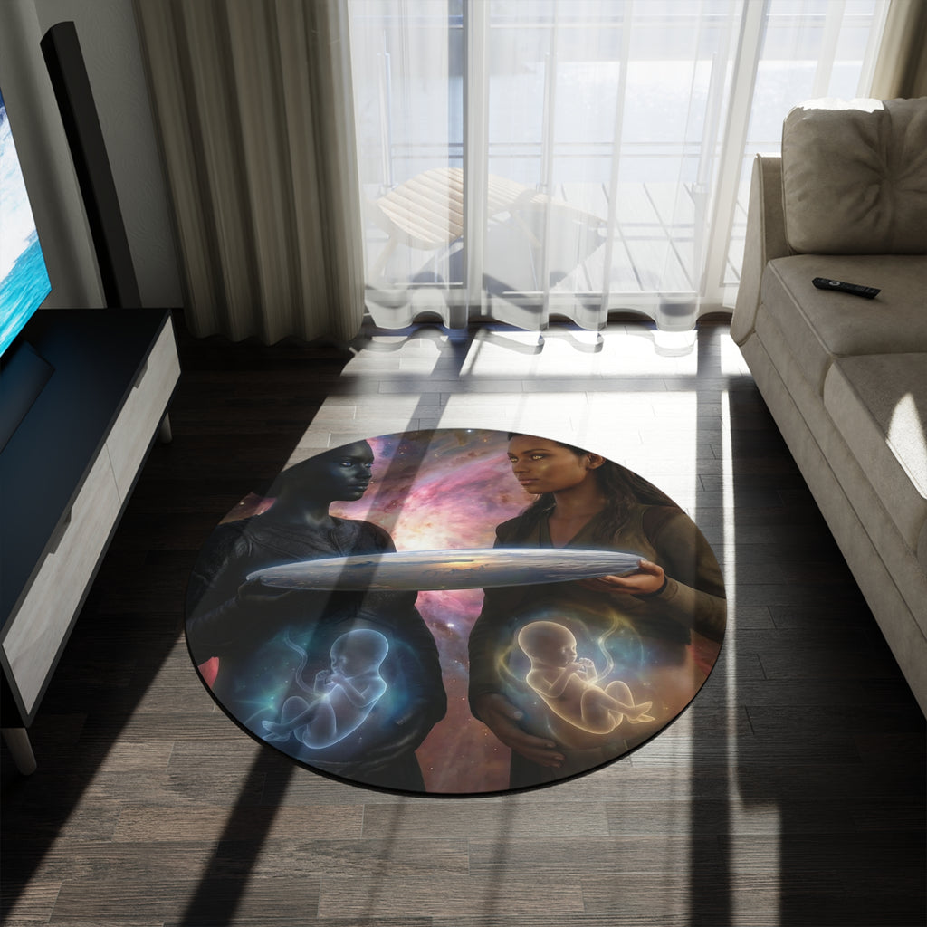 Cosmic Motherhood Round Rug — Surreal Pregnant Figures & Fetal Light Artwork