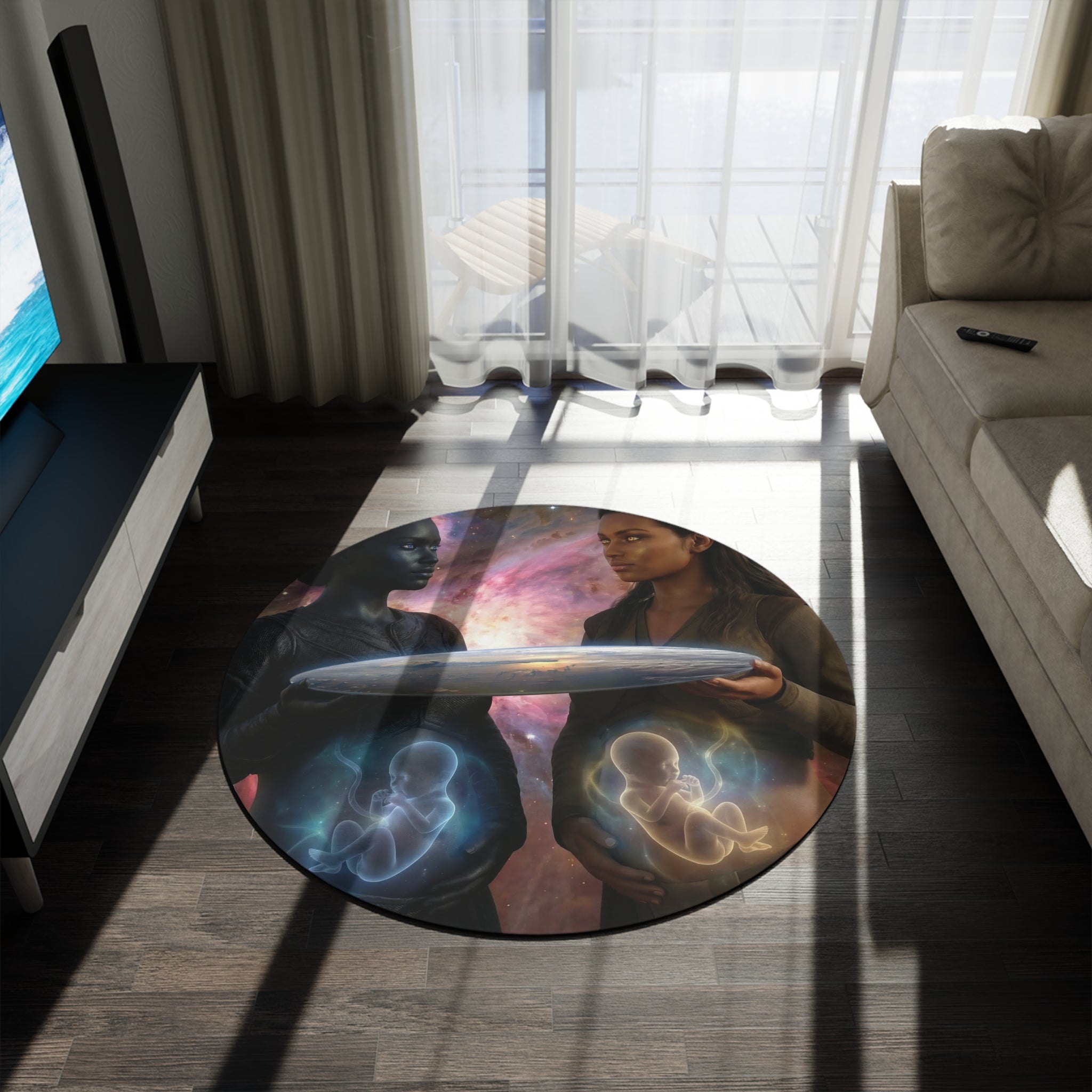 Cosmic Motherhood Round Rug — Surreal Pregnant Figures & Fetal Light Artwork