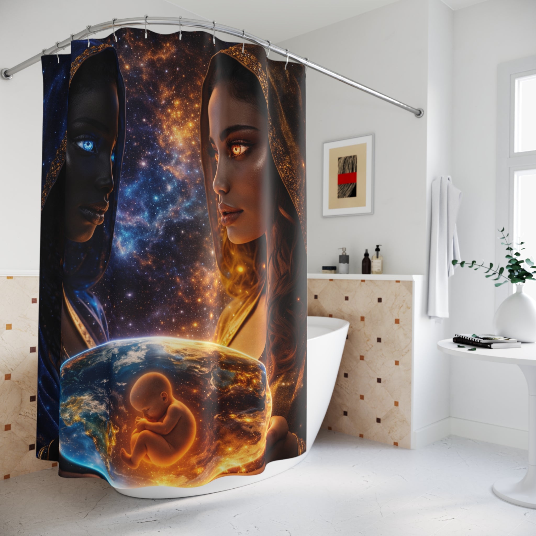 Shower Curtain — Cosmic Mothers of Earth Design (Celestial Duality, Pregnancy Orbit)
