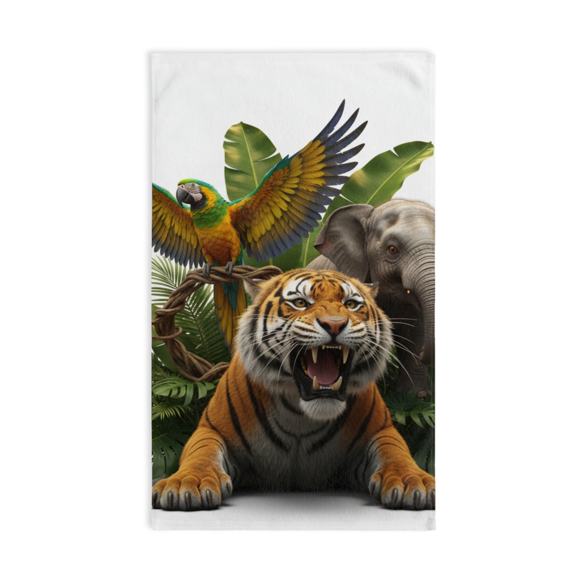 Jungle Roar Hand Towel — Tiger, Parrot & Elephant Tropical Animal Print