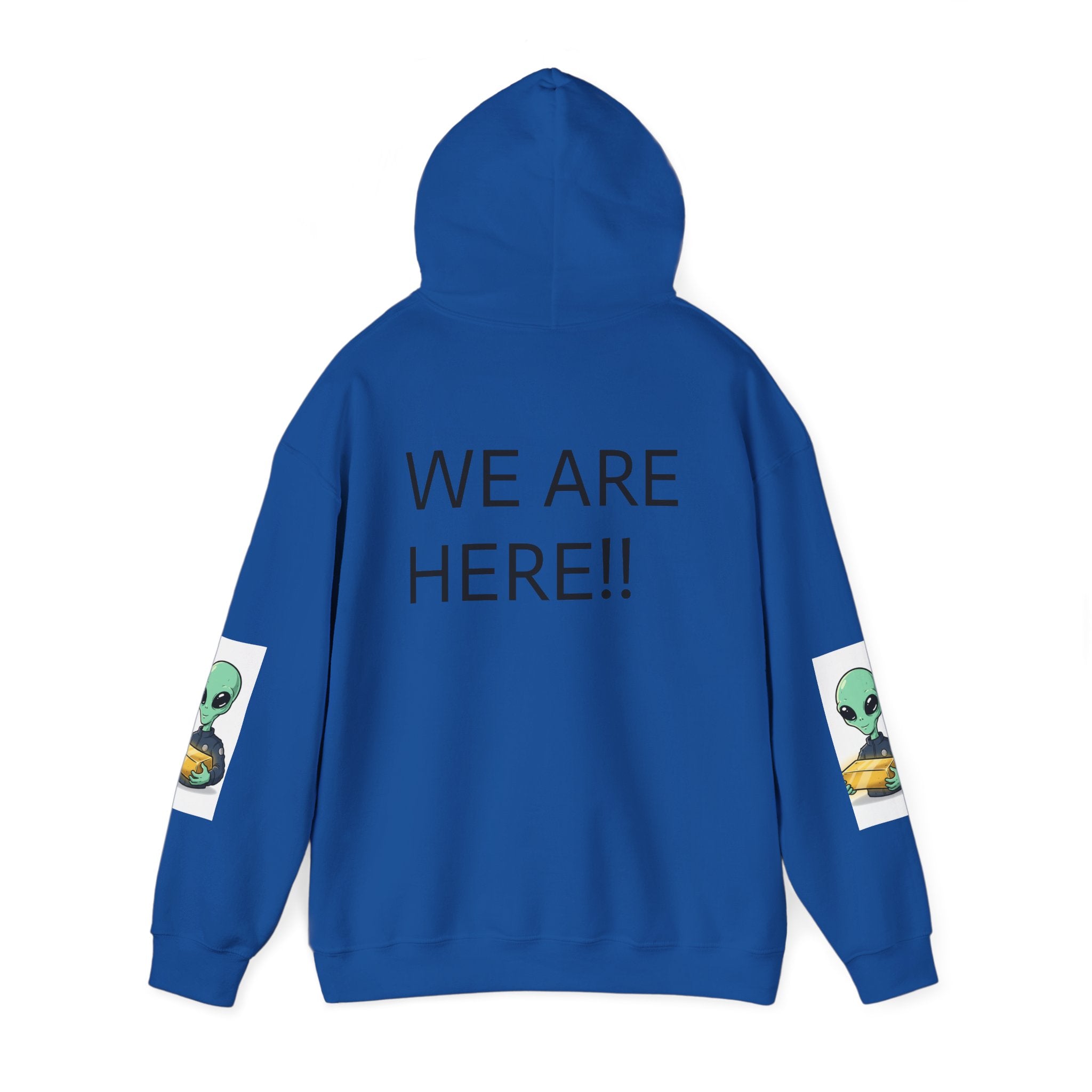 Alien Holding Gold Hoodie — "WE ARE HERE!!" Graphic Sweatshirt