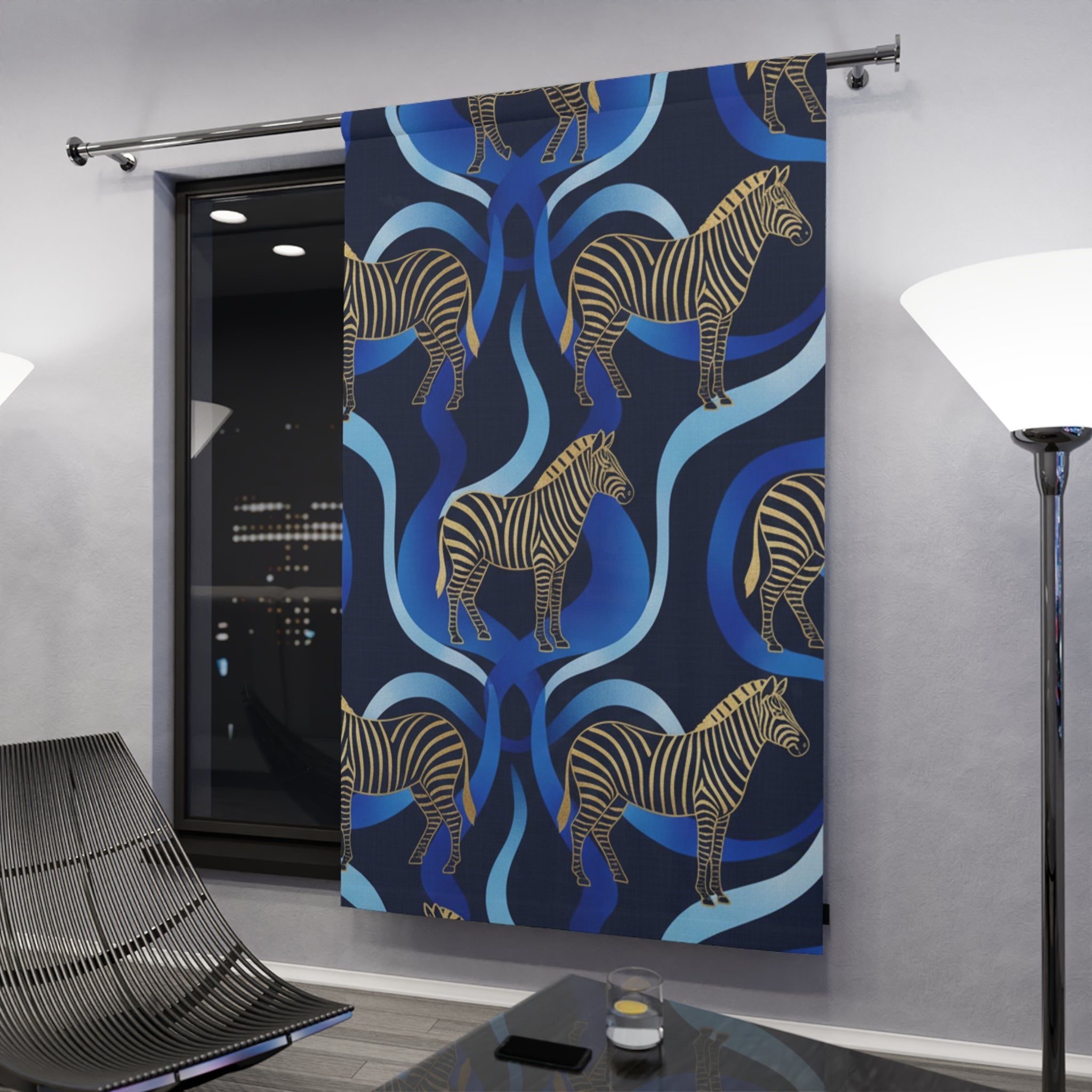 Zebra Wave Curtains — Blue Abstract Zebra Print Window Panel